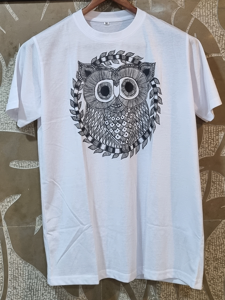 Hand Painted Madhubani Owl White T-shirt