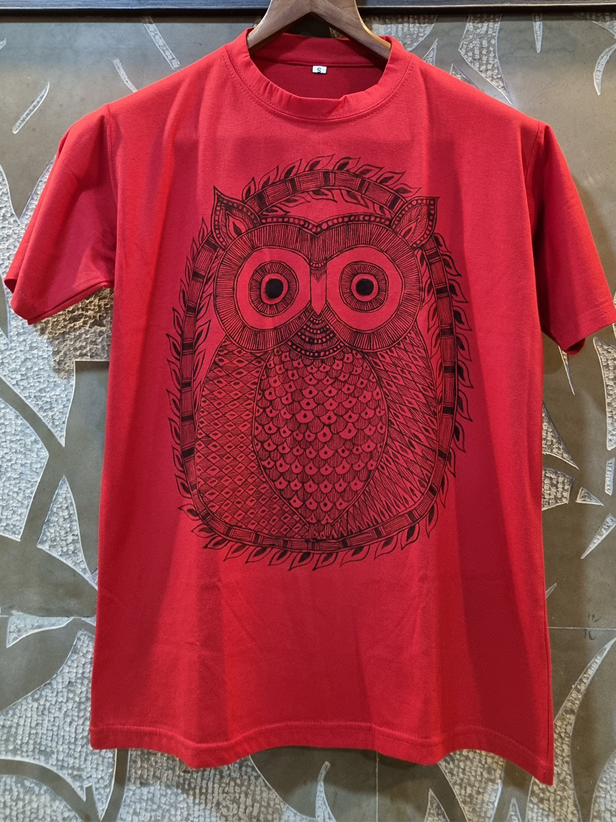 Hand Painted Madhubani Owl Red T-shirt