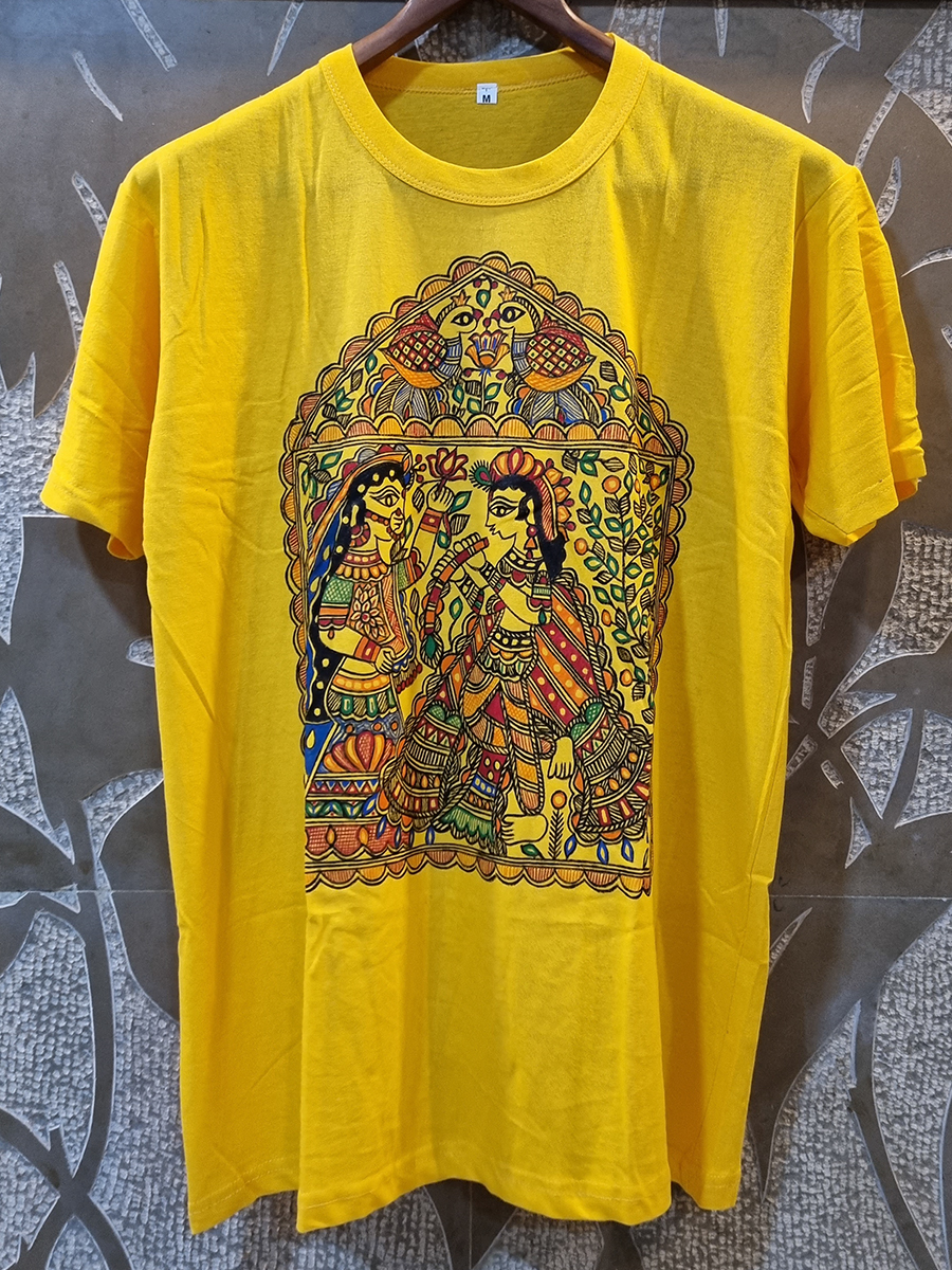 Radha Krishna Hand Painted Madhubani Yellow T-shirt